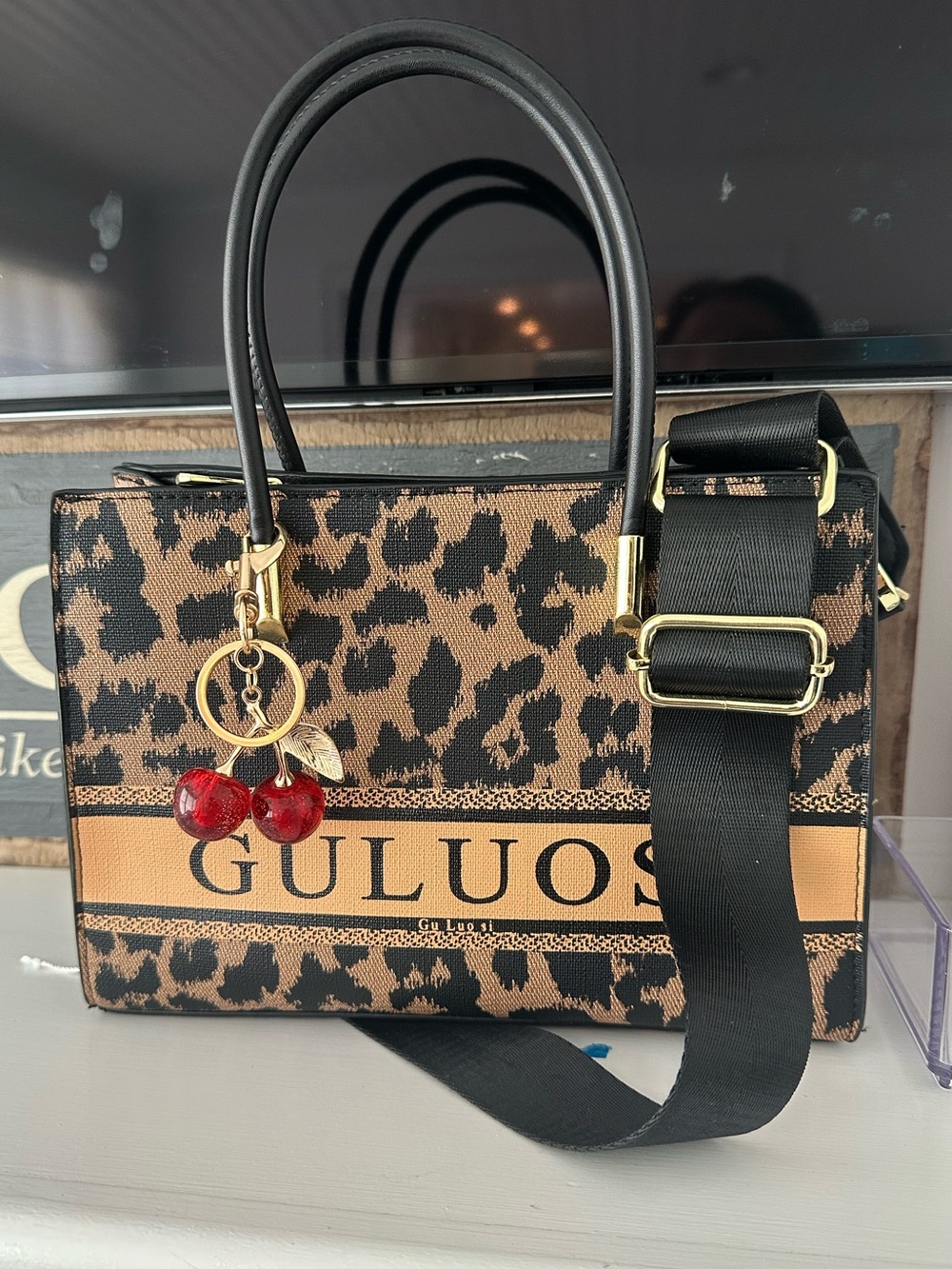 New Guluosi  Leopard Print  Satchel - Black & Brown Cherry Charm